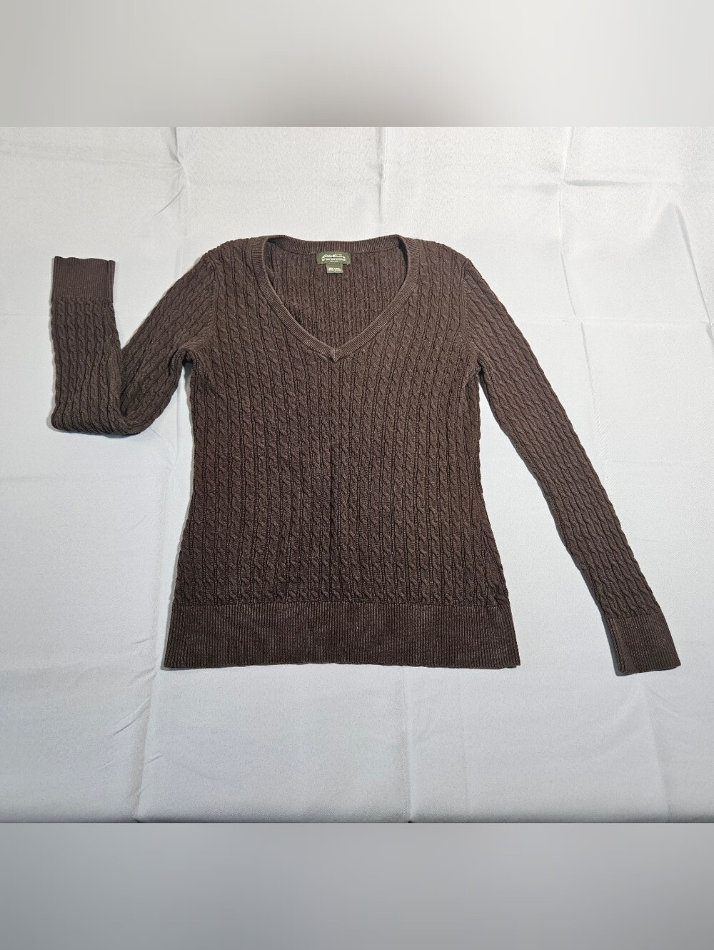 Eddie Bauer 90s Y2K Grunge Fisherman Cable Knit V-neck Fitted Sweater Brown Sz L